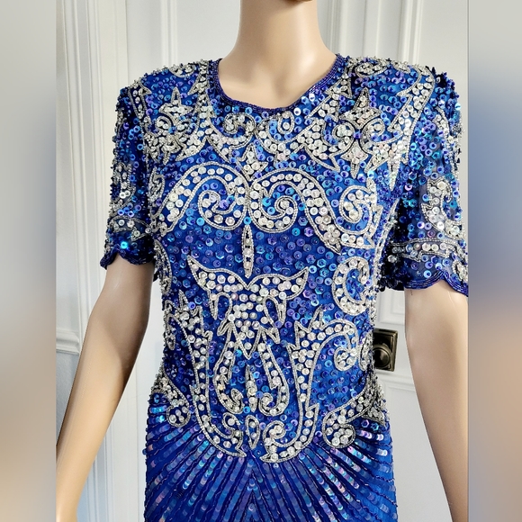 Brilliante By JA Blue & Silver Beaded Sequin Cocktail Dress - Size S - Picture 2 of 8